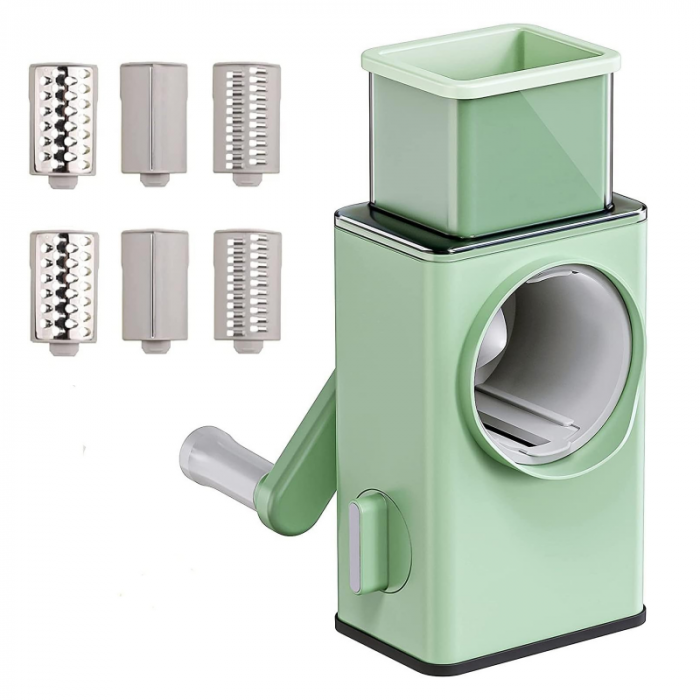 Razatoare Manuala Rotativa Multifunctionala Pentru Legume si Branzeturi Premium SUPER TRENDS®, cu 3 Tipuri de Lame Interschimbabile, Ventuza Puternica de Fixare, Plastic si Otel Inoxidabil, Multicolor [1]