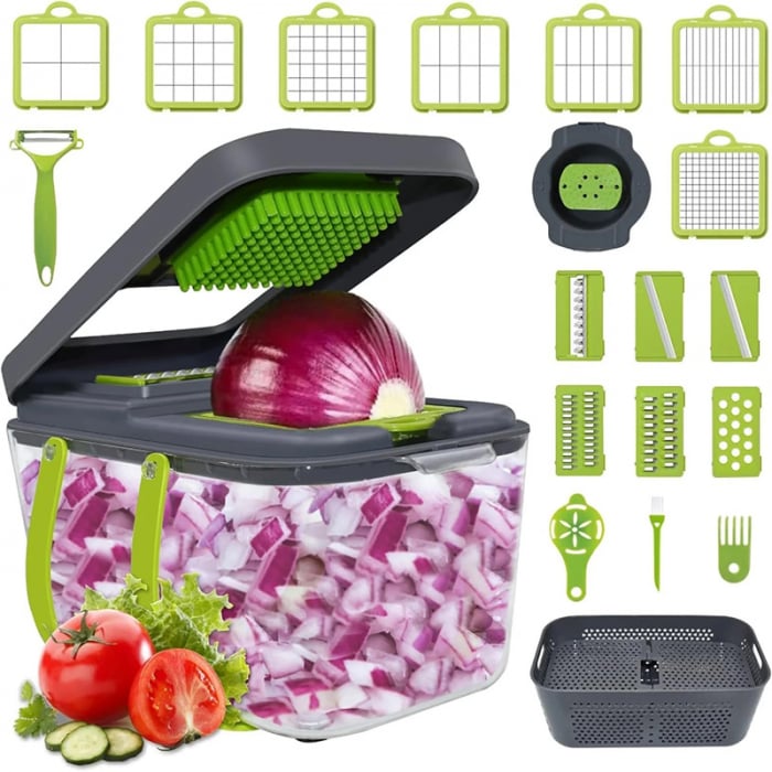 Razatoare Multifunctionala Pentru Fructe si Legume cu 22 de Piese, SUPER TRENDS®, Premium, Lame din Otel Inoxidabil, Maner de Protectie, Culoare Verde-Gri [2]