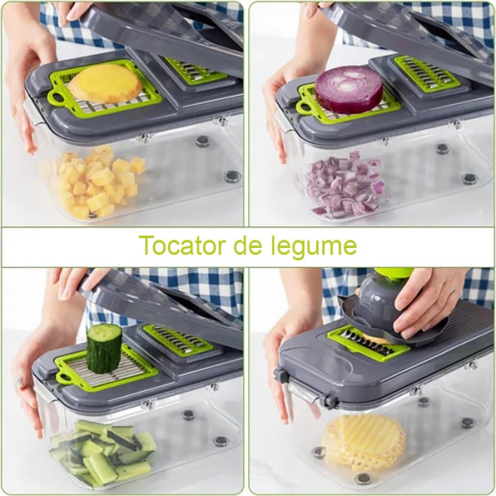 Razatoare Multifunctionala Pentru Fructe si Legume cu 22 de Piese, SUPER TRENDS®, Premium, Lame din Otel Inoxidabil, Maner de Protectie, Culoare Verde-Gri [6]