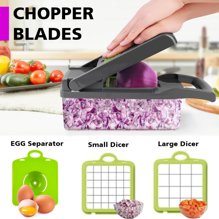 Razatoare Multifunctionala Premium 14 in 1 Pentru Legume si Fructe SUPER TRENDS®, Veggie Slicer, Accesorii Interschimbabile, Maner Protectie, Feliere, Radere, Taietor, Maruntitor, Gri/Verde [7]