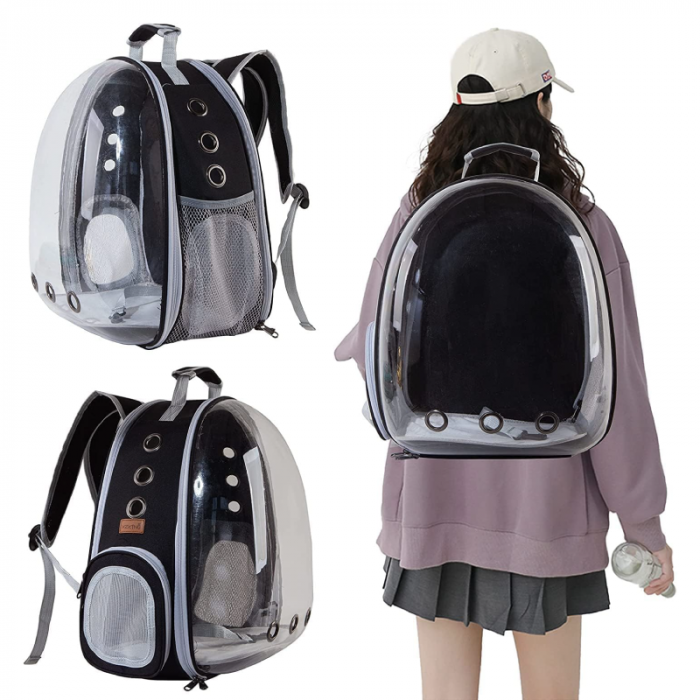 Rucsac Transport Pisica Sau Catel cu Fereastra Transparenta Premium SUPER TRENDS®, Design Respirabil, 30x25x40cm, Negru [3]