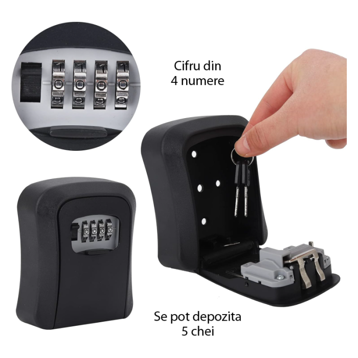 Seif Pentru Chei SUPER TRENDS®,  Montare pe Perete, Cod din 4 Cifre Resetabil, Rezistent la Apa, 11.7x9.5x4 cm, Negru [4]