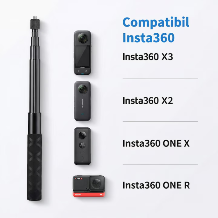 Selfie Stick Compatibil cu Insta 360 SUPER TRENDS® 70 cm Din Aliaj De Aluminiu, Selfie Stick Invizibil X3 X2 One X One R, Selfie Stick Aluminiu Profesional Cu Filet Standard, Suport Camera 360 Stabil Negru Obsidian Pentru Filmari 360° De Inalta Calitate [2]