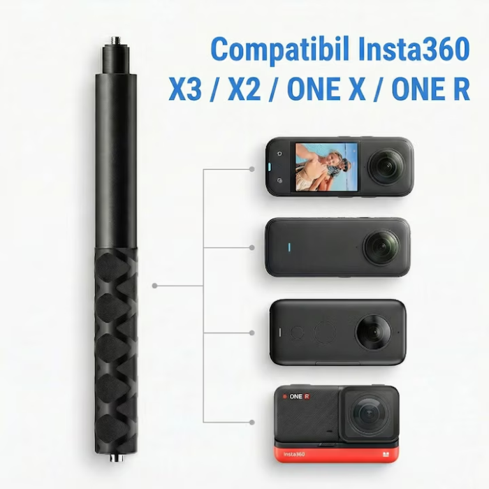 Selfie Stick Compatibil cu Insta360 Super Trends® 17-110 cm Din Aliaj De Aluminiu, Selfie Stick Invizibil, Compatibil cu X3 X2 One X One R, Selfie Stick Aluminiu Extensibil Cu Filet Standard, Suport Camera 360 Stabil Negru Mat, Filmari Profesionale 360° [4]