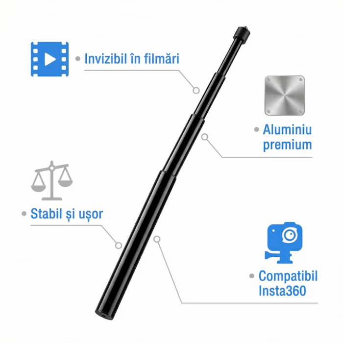 Selfie Stick Invizibil Super Trends® 22.5-120 cm Din Aliaj De Aluminiu, Selfie Stick Insta360 Compatibil Cu X3 X2 One X One R, Selfie Stick Aluminiu Extensibil Cu Filet Standard, Suport Camera 360 Stabil Negru Lucios Pentru Filmari Profesionale [6]