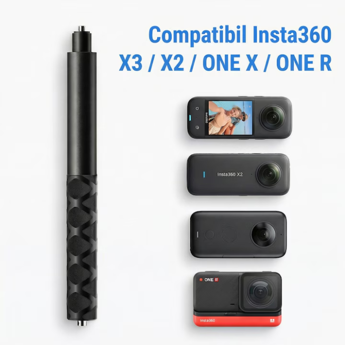 Selfie Stick Invizibil Super Trends® 22.5-120 cm Din Aliaj De Aluminiu, Selfie Stick Insta360 Compatibil Cu X3 X2 One X One R, Selfie Stick Aluminiu Extensibil Cu Filet Standard, Suport Camera 360 Stabil Negru Lucios Pentru Filmari Profesionale [3]
