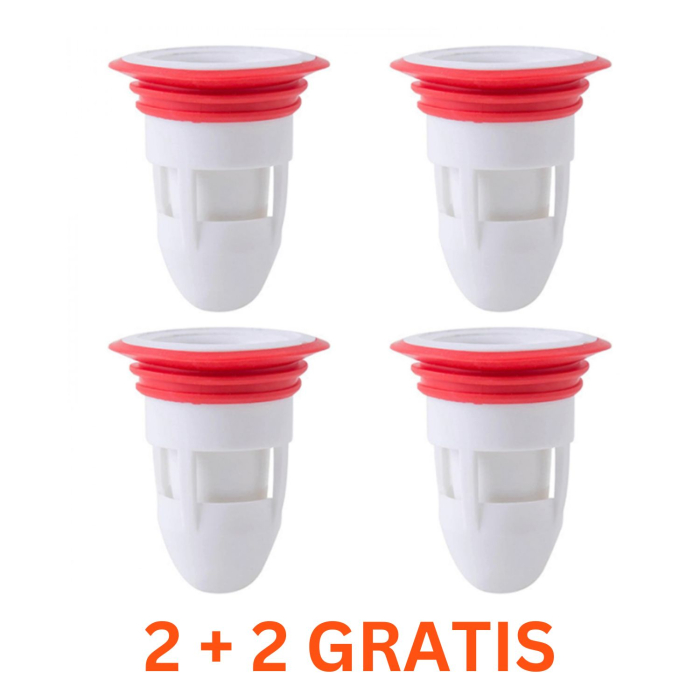 Set 2 + 2 GRATIS Buc Filtru Anti-Miros Canalizare Profesional SUPER TRENDS®, Pentru Sifonul Din Pardoseala, Sifon Chiuveta Sau Cada, Plastic, Ø45 mm, Corp Alb, Garnitura Rosie [1]