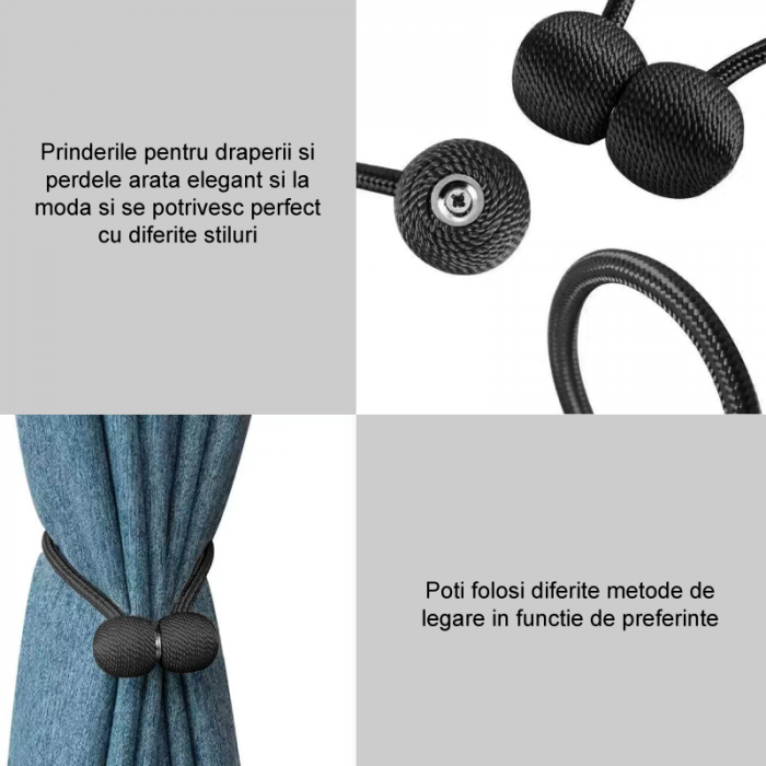Set 2 Bucati Prinderi Magnetice Pentru Perdele si Draperii Premium SUPER TRENDS®, Tip Snur cu 2 Magneti, Negru [7]