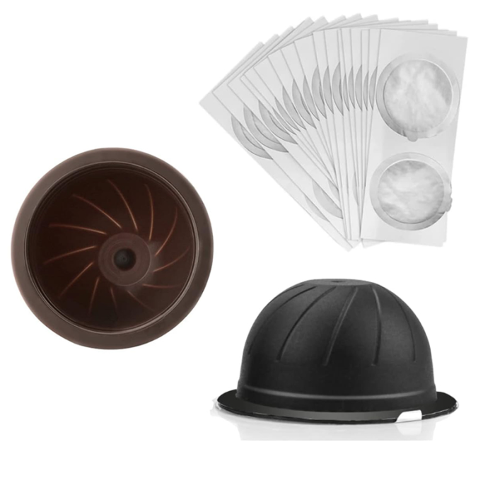 Set 2 Capsule de Cafea Reutilizabile si Lavabile SUPER TRENDS® de 150 ml (Maro) si 230 ml (Negru), compatibile cu Nespresso Vertuo si 30 Folii de Aluminiu [2]