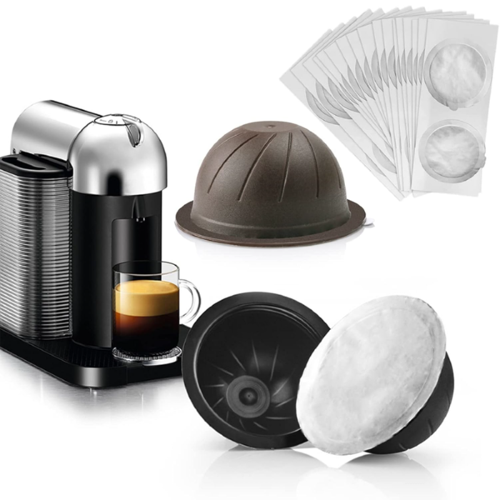 Set 2 Capsule de Cafea Reutilizabile si Lavabile SUPER TRENDS® de 150 ml (Maro) si 230 ml (Negru), compatibile cu Nespresso Vertuo si 30 Folii de Aluminiu [9]