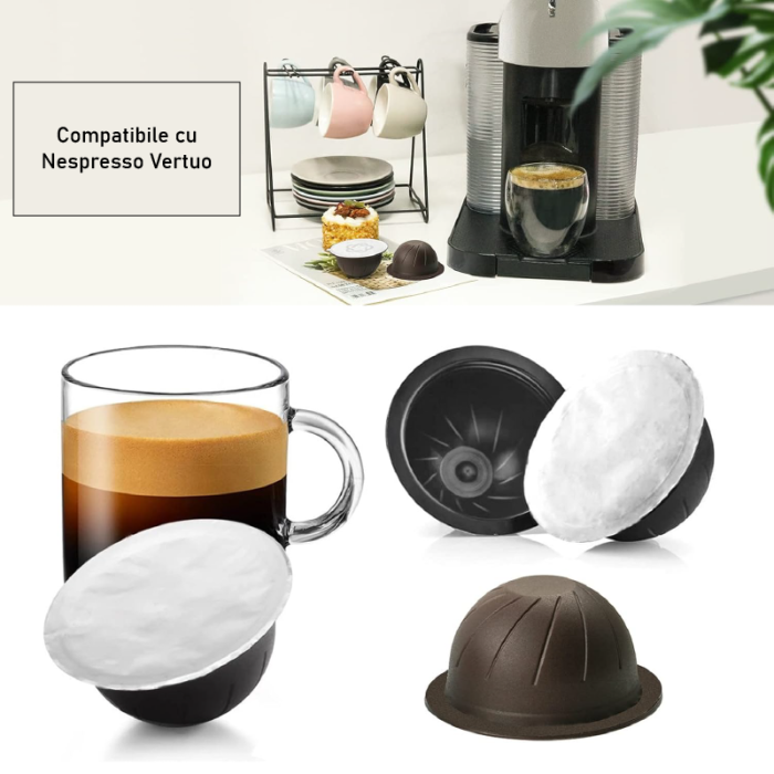 Set 2 Capsule de Cafea Reutilizabile si Lavabile SUPER TRENDS® de 150 ml (Maro) si 230 ml (Negru), compatibile cu Nespresso Vertuo si 30 Folii de Aluminiu [7]