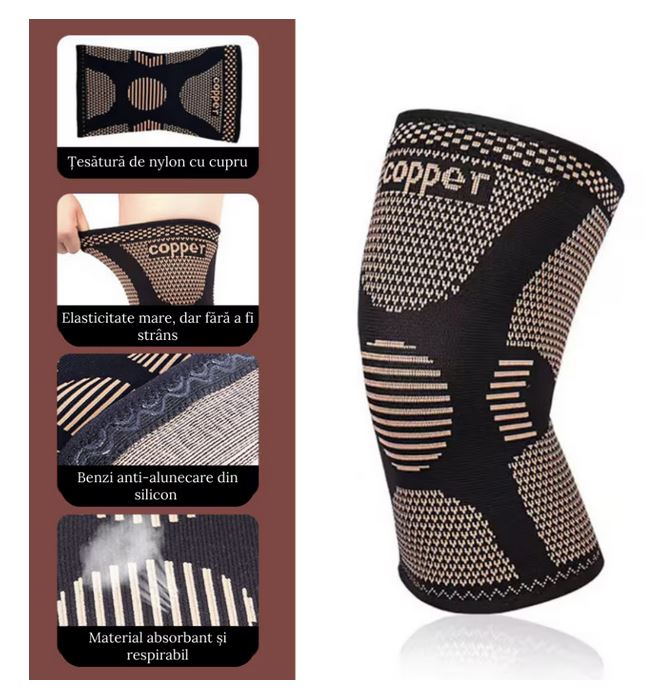Set 2 Genunchiere Compresive Premium cu Fir de Cupru SUPER TRENDS®, Bratara Snur Cerata, Reduce Durerea, Marime Universala, Unisex, Negru/Beige [4]
