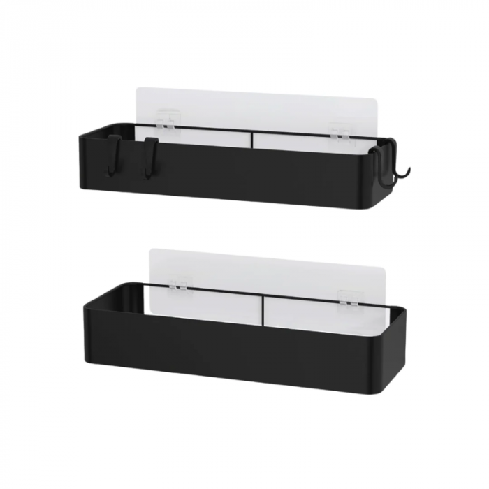 Set 2 Rafturi Pentru Baie si Dus cu Adeziv Premium SUPER TRENDS®, Organizator Baie, Montaj Fara Gaurire, Otel Inoxidabil Antirugina, Negru [1]