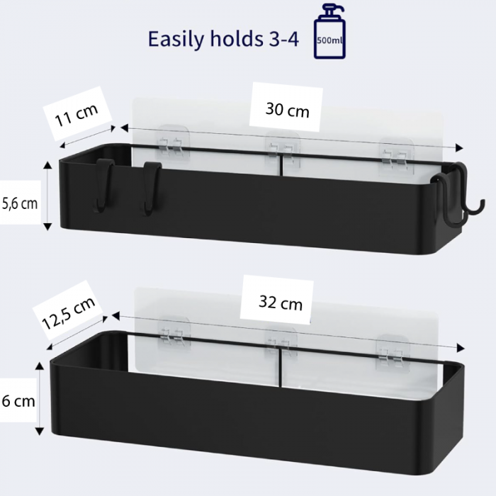 Set 2 Rafturi Pentru Baie si Dus cu Adeziv Premium SUPER TRENDS®, Organizator Baie, Montaj Fara Gaurire, Otel Inoxidabil Antirugina, Negru [2]