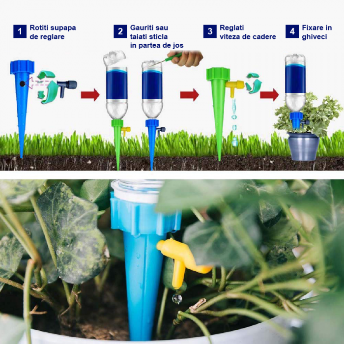 Set 12 Picuratoare Premium SUPER TRENDS®, cu Valva Pentru Irigare Plante, Material PVC, Albastru si Verde [3]