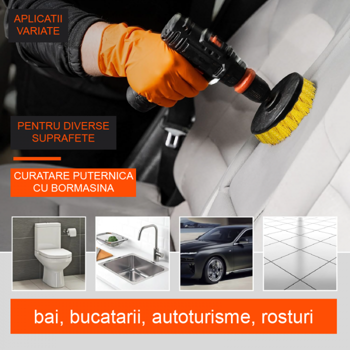 Set 3 Perii Rotative Din Plastic Profesional SUPER TRENDS®, Diferite Marimi, Pentru Curatare Profunda Autovehicule, Tapiterii, Placi de Faianta, Trepte de Piscina, Podele de Garaj, Galben-Negru [5]