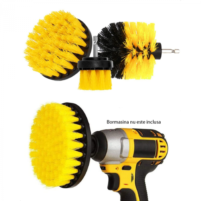Set 3 Perii Rotative Din Plastic Profesional SUPER TRENDS®, Diferite Marimi, Pentru Curatare Profunda Autovehicule, Tapiterii, Placi de Faianta, Trepte de Piscina, Podele de Garaj, Galben-Negru [2]