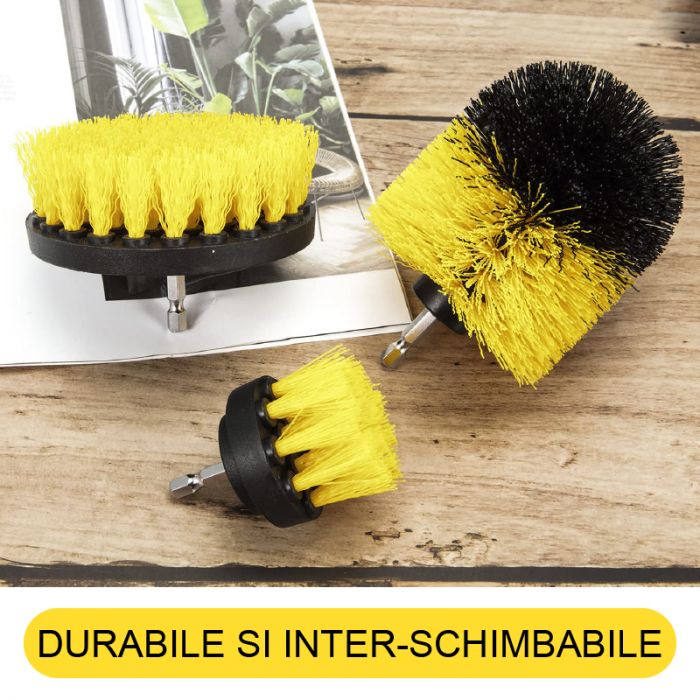 Set 3 Perii Rotative Din Plastic Profesional SUPER TRENDS®, Diferite Marimi, Pentru Curatare Profunda Autovehicule, Tapiterii, Placi de Faianta, Trepte de Piscina, Podele de Garaj, Galben-Negru [8]