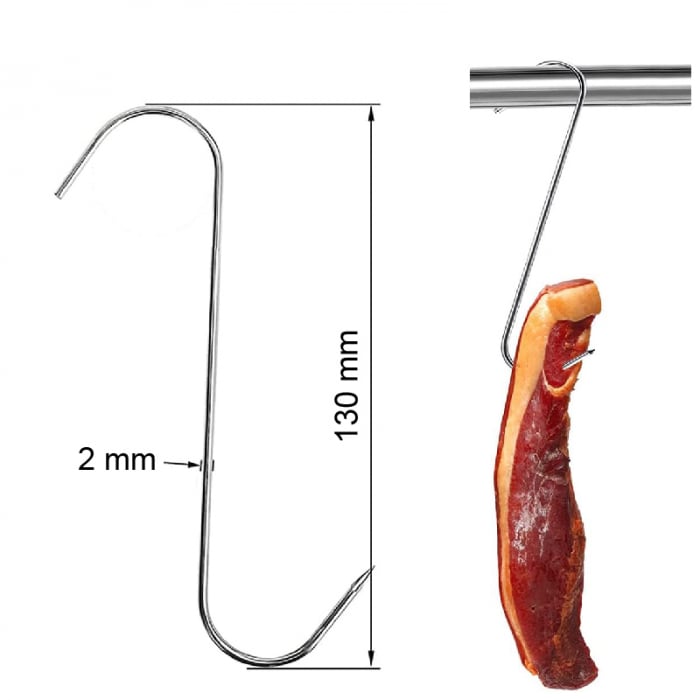 Set 30 Carlige din Inox Pentru Carne, Macelarie sau Afumatoare Premium SUPER TRENDS®, Pentru Suspendat Carnea, Pentru Toate Tipurile de Carne, Tip S, 130 x 40 x 2 mm, Argintiu [2]