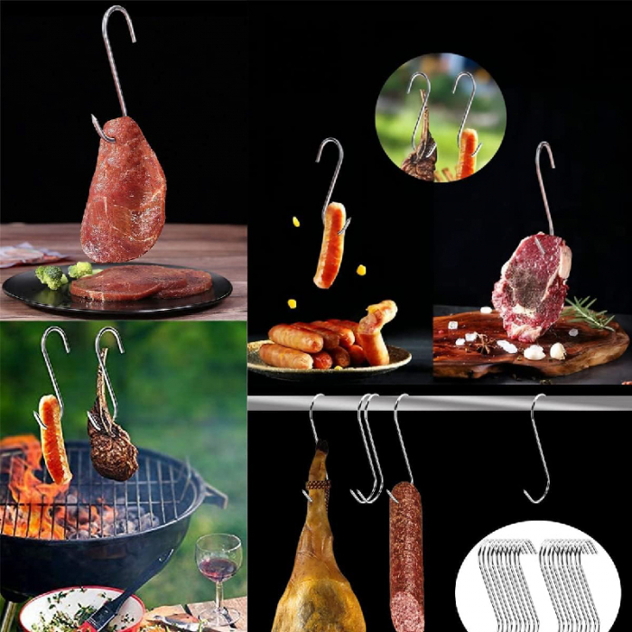 Set 30 Carlige din Inox Pentru Carne, Macelarie sau Afumatoare Premium SUPER TRENDS®, Pentru Suspendat Carnea, Pentru Toate Tipurile de Carne, Tip S, 130 x 40 x 2 mm, Argintiu [4]