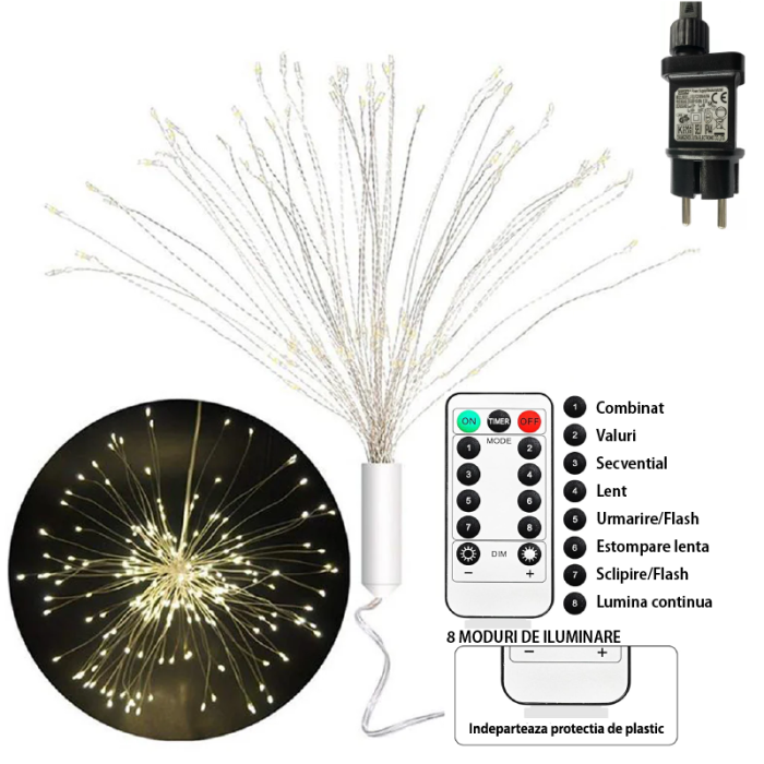 Set 5 Bucati Instalatie Lumini Tip Foc de Artificii SUPER TRENDS®, 5x120 LED-uri, Impermeabila, cu Telecomanda, 8 Moduri de Iluminare, Lumina Calda, Transparent [6]