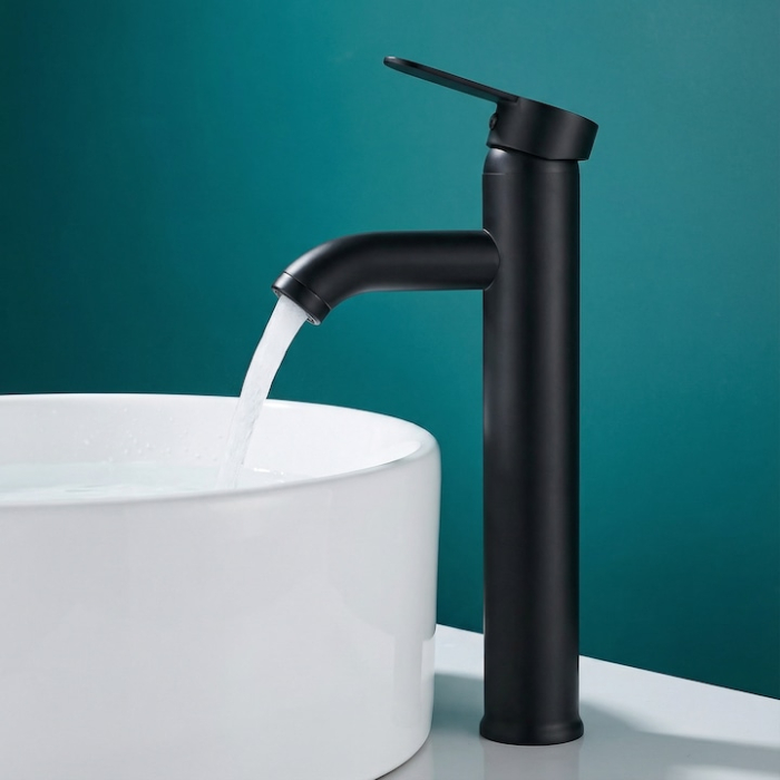 Set Baterie Chiuveta Baie Inalta Rotunda 30 Cm Negru Cu Finisaje Premium Si Racorduri Incluse + Burete Vileda Glitzi Pentru Curatare Eficienta, Set Accesorii Baie Design Modern [10]