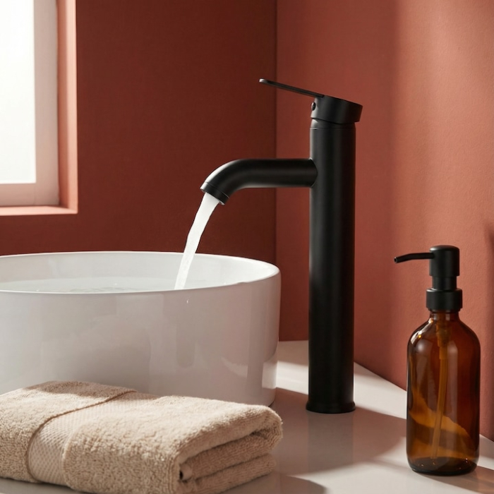 Set Baterie Chiuveta Baie Inalta Rotunda 30 Cm Negru Cu Finisaje Premium Si Racorduri Incluse + Burete Vileda Glitzi Pentru Curatare Eficienta, Set Accesorii Baie Design Modern [14]