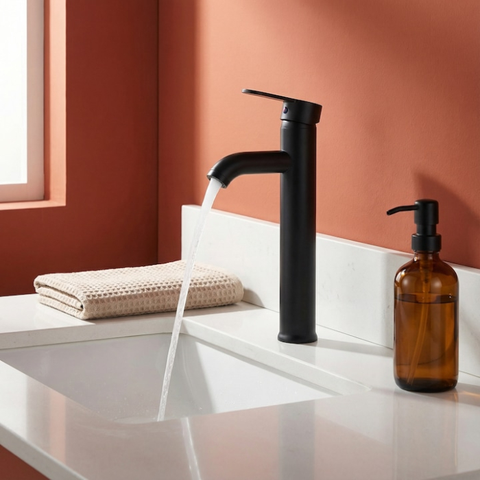 Set Baterie Chiuveta Baie Inalta Rotunda 30 Cm Negru Cu Finisaje Premium Si Racorduri Incluse + Burete Vileda Glitzi Pentru Curatare Eficienta, Set Accesorii Baie Design Modern [12]