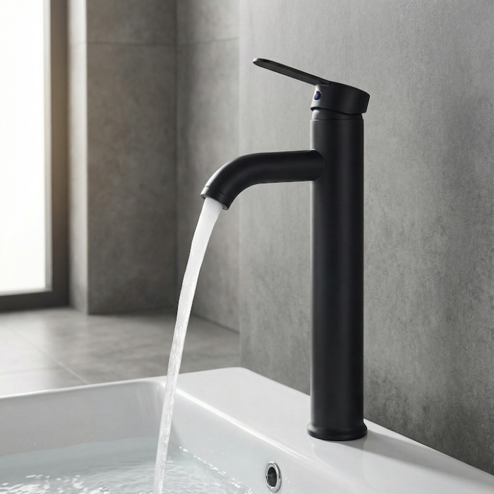 Set Baterie Chiuveta Baie Inalta Rotunda 30 Cm Negru Cu Finisaje Premium Si Racorduri Incluse + Burete Vileda Glitzi Pentru Curatare Eficienta, Set Accesorii Baie Design Modern [11]