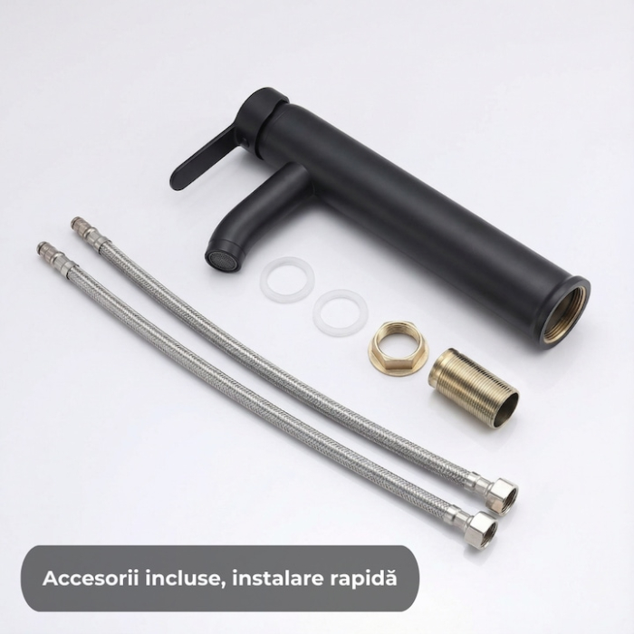 Set Baterie Chiuveta Baie Inalta Rotunda 30 Cm Negru Cu Finisaje Premium Si Racorduri Incluse + Burete Vileda Glitzi Pentru Curatare Eficienta, Set Accesorii Baie Design Modern [4]