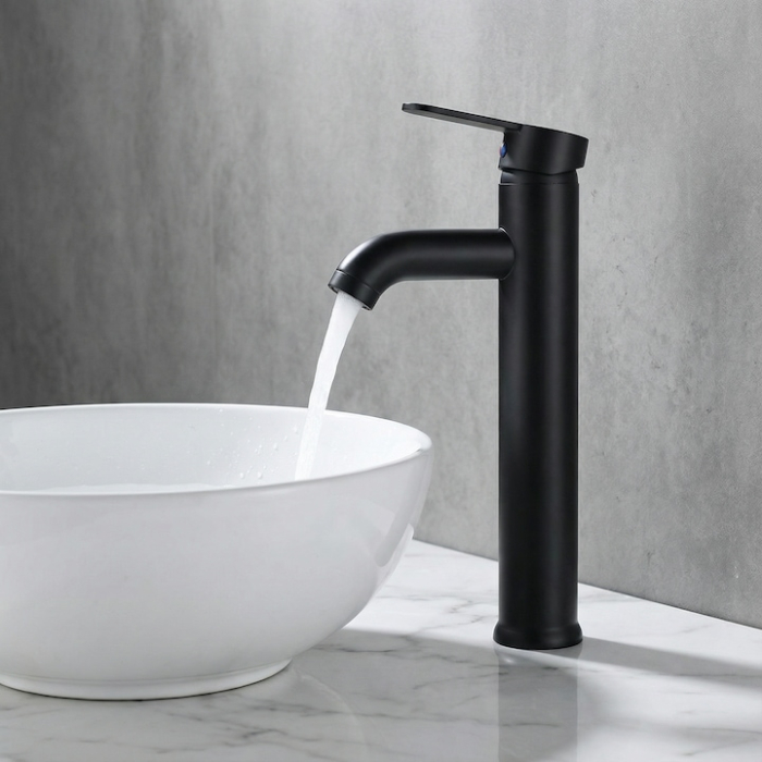 Set Baterie Chiuveta Baie Inalta Rotunda 30 Cm Negru Cu Finisaje Premium Si Racorduri Incluse + Burete Vileda Glitzi Pentru Curatare Eficienta, Set Accesorii Baie Design Modern [15]