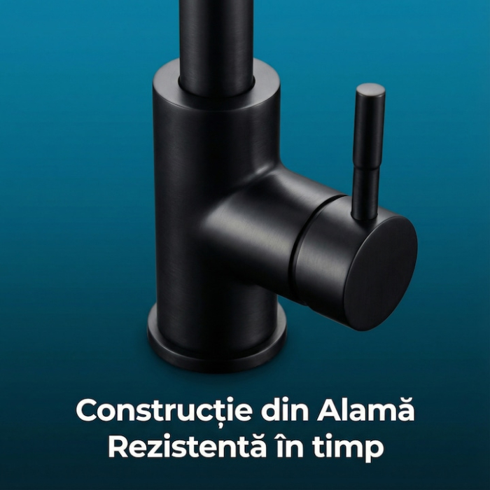 Set Baterie Chiuveta Bucatarie TrioStore® Din Alama Cu Dus Extractabil Monocomanda Si Pipa Pivotanta 360°, Doua Moduri De Curgere, Montaj Pe Chiuveta + Burete Vileda Glitzi Pentru Curatare Eficienta, Negru [3]