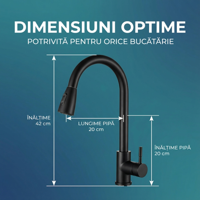 Set Baterie Chiuveta Bucatarie TrioStore® Din Alama Cu Dus Extractabil Monocomanda Si Pipa Pivotanta 360°, Doua Moduri De Curgere, Montaj Pe Chiuveta + Burete Vileda Glitzi Pentru Curatare Eficienta, Negru [5]