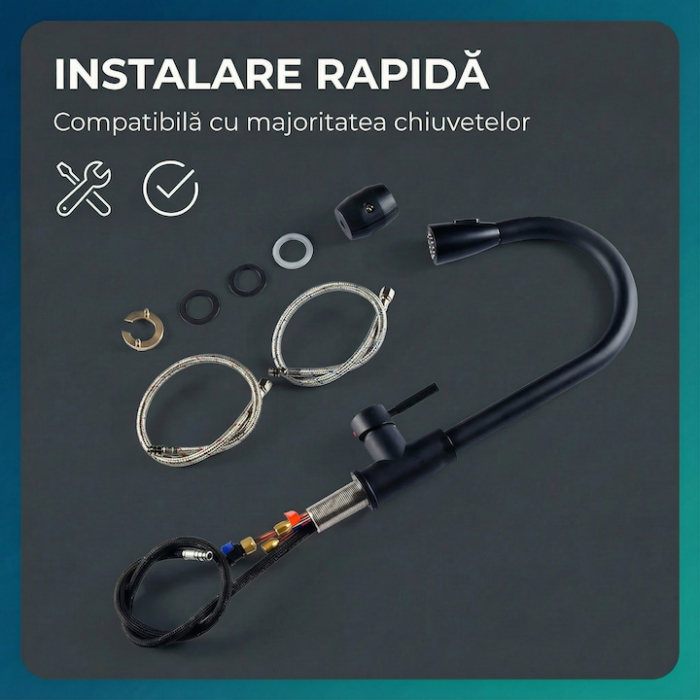 Set Baterie Chiuveta Bucatarie TrioStore® Din Alama Cu Dus Extractabil Monocomanda Si Pipa Pivotanta 360°, Doua Moduri De Curgere, Montaj Pe Chiuveta + Burete Vileda Glitzi Pentru Curatare Eficienta, Negru [11]