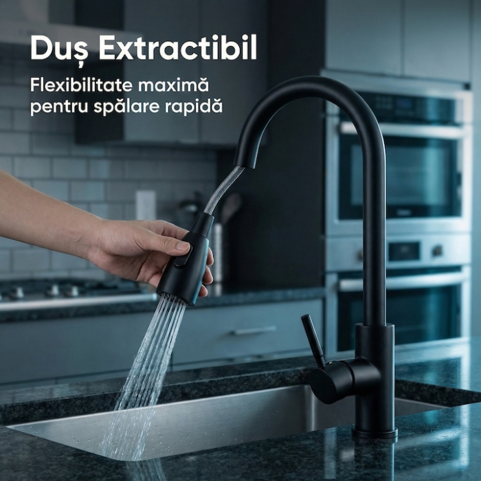 Set Baterie Chiuveta Bucatarie TrioStore® Din Alama Cu Dus Extractabil Monocomanda Si Pipa Pivotanta 360°, Doua Moduri De Curgere, Montaj Pe Chiuveta + Burete Vileda Glitzi Pentru Curatare Eficienta, Negru [2]