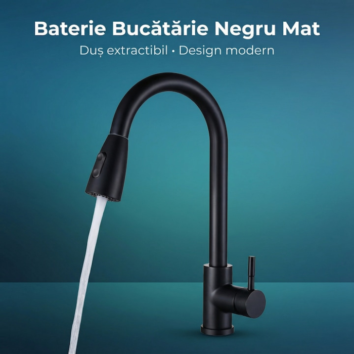 Set Baterie Chiuveta Bucatarie TrioStore® Din Alama Cu Dus Extractabil Monocomanda Si Pipa Pivotanta 360°, Doua Moduri De Curgere, Montaj Pe Chiuveta + Burete Vileda Glitzi Pentru Curatare Eficienta, Negru [4]