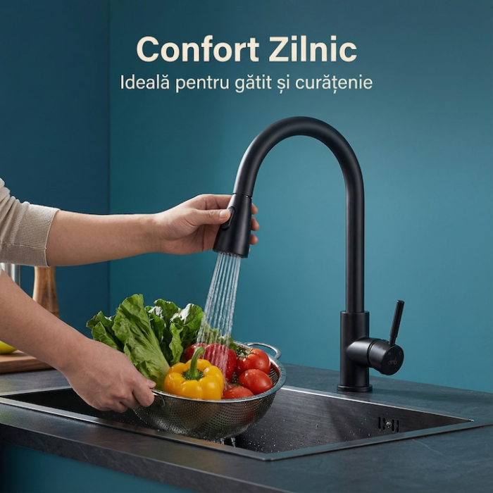 Set Baterie Chiuveta Bucatarie TrioStore® Din Alama Cu Dus Extractabil Monocomanda Si Pipa Pivotanta 360°, Doua Moduri De Curgere, Montaj Pe Chiuveta + Burete Vileda Glitzi Pentru Curatare Eficienta, Negru [9]