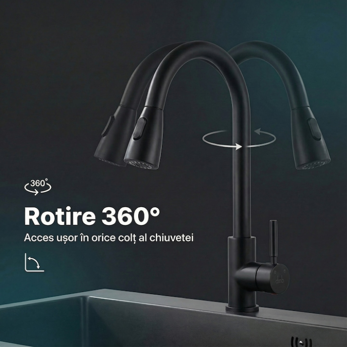 Set Baterie Chiuveta Bucatarie TrioStore® Din Alama Cu Dus Extractabil Monocomanda Si Pipa Pivotanta 360°, Doua Moduri De Curgere, Montaj Pe Chiuveta + Burete Vileda Glitzi Pentru Curatare Eficienta, Negru [10]