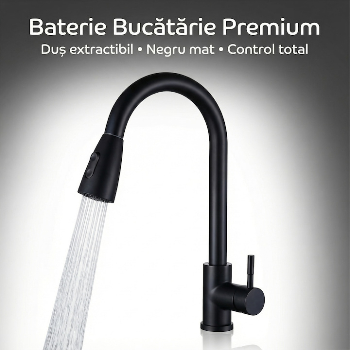 Set Baterie Chiuveta Bucatarie TrioStore® Din Alama Cu Dus Extractabil Monocomanda Si Pipa Pivotanta 360°, Doua Moduri De Curgere, Montaj Pe Chiuveta + Burete Vileda Glitzi Pentru Curatare Eficienta, Negru [13]