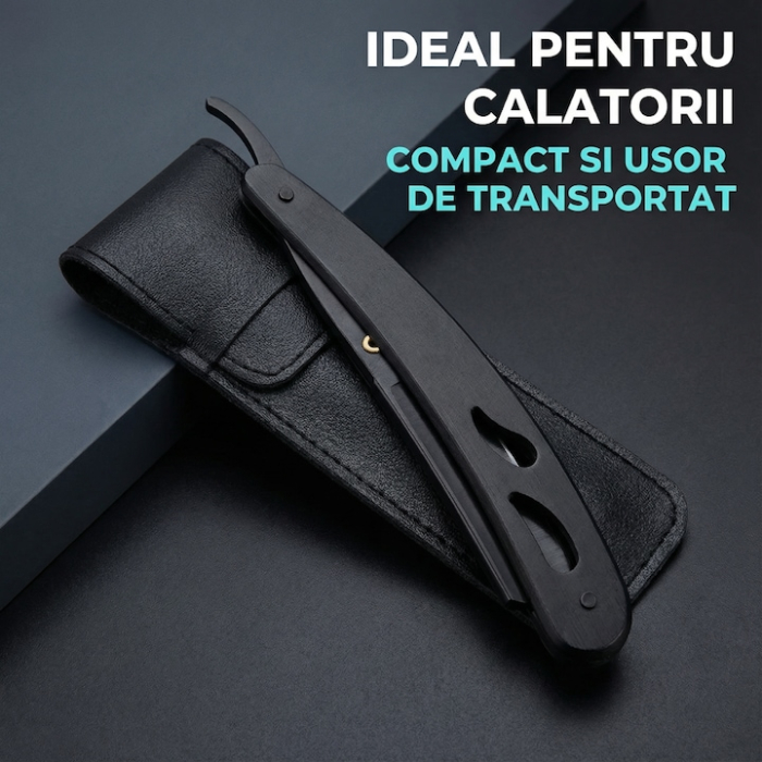 Set Brici Profesional Super Trends® Din Otel Inoxidabil Cu 10 Lame De Ras Si Husa Din Piele, Brici Clasic Pentru Barbierit, Brici Cu Lama InterSchimbabila Pentru Contur Barba, Set Brici Barbierit Portabil, Ideal Pentru Calatorii Si Salon, Culoare Negru [5]