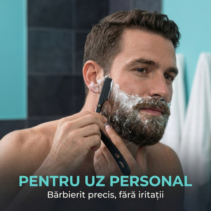 Brici Profesional Super Trends® Din Otel Inoxidabil Cu Husa Din Piele, Brici Barbierit Si Ras Pentru Barbati, Brici Clasic Cu Lama InterSchimbabila, Brici Barba Si Contur, Set Brici Barbierit Portabil, Ideal Pentru Calatorii, Culoare Negru [2]
