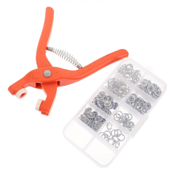 Set Cleste si 100 Bucati Capse Metalice 9.5 mm Premium SUPER TRENDS®, Pentru Cusut, Portocaliu, Capse Argintii [3]