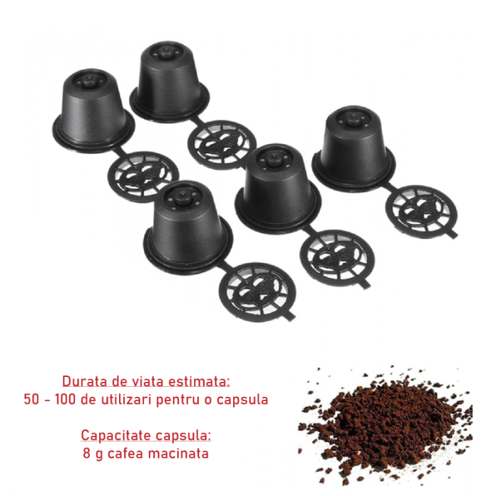 Set de 5 Buc Capsule Cafea Reincarcabile SUPER TRENDS®, Compatibile cu Aparatele Nespresso, Negru [10]