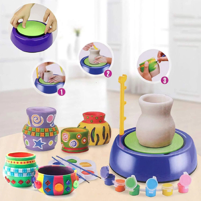 Set de Olarit si Pictat Pentru Copii SUPER TRENDS®, Roata de Olar cu Lut si Vopsele, Activitate Creativa pentru Copii +8 Ani, Mov, Verde [2]