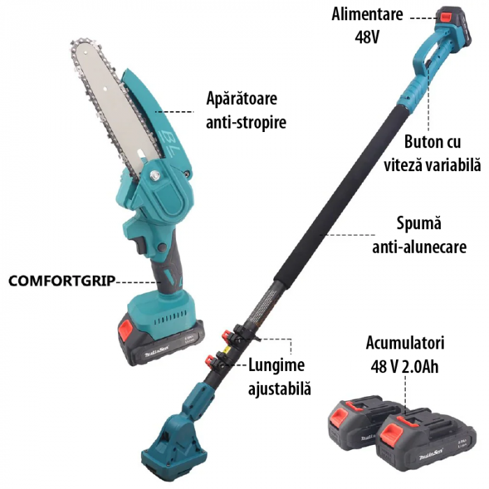 Set Mini Drujba cu Tija Telescopica Extensibila + Foarfeca de Gradina Profesionale SUPER TRENDS®, 2 Acumulatori 48V, 2 in 1 Pentru Taieri Precise in Gradina, Tija Extensibila de 2, 13 m [5]