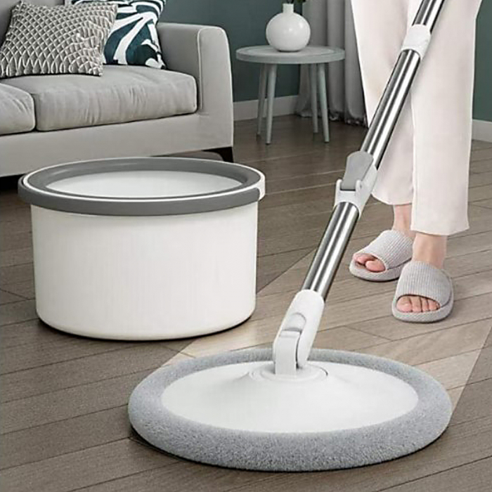 Set Mop Rotativ cu Doua Rezerve si Auto Spalare SUPER TRENDS®, Premium, Rotund, Compartimente Pentru Apa Curata si Murdara, Robinet de Scurgere a Apei si Consum Redus, Culoare Bej [5]