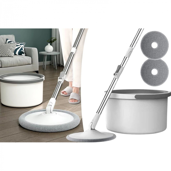 Set Mop Rotativ cu Doua Rezerve si Auto Spalare SUPER TRENDS®, Premium, Rotund, Compartimente Pentru Apa Curata si Murdara, Robinet de Scurgere a Apei si Consum Redus, Culoare Bej [7]