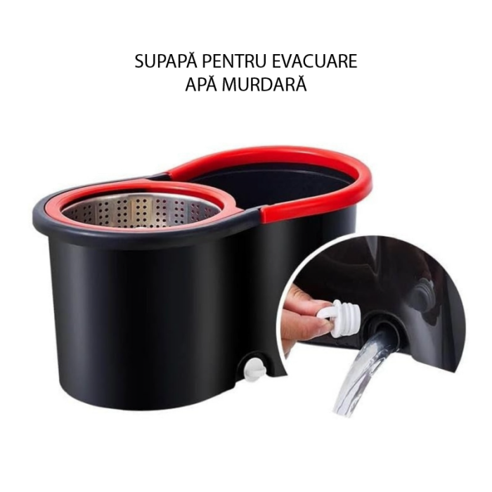 Set Mop Rotativ si Galeata cu Sistem de Stoarcere SUPER TRENDS®, Sistem de Curatare cu Galeata Rotativa 360°, Pentru Curatarea Pardoselilor , Maner Reglabil din Otel Inoxidabil de 155 cm, 8 L, Rosu, N [5]