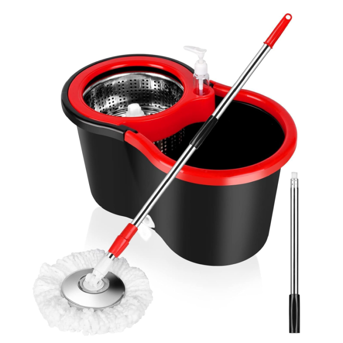 Set Mop Rotativ si Galeata cu Sistem de Stoarcere SUPER TRENDS®, Sistem de Curatare cu Galeata Rotativa 360°, Pentru Curatarea Pardoselilor , Maner Reglabil din Otel Inoxidabil de 155 cm, 8 L, Rosu, N [2]