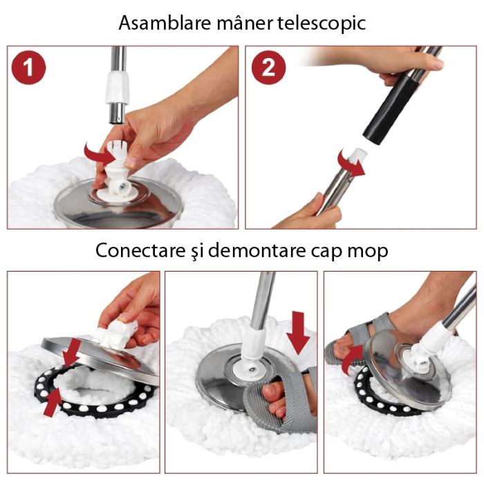 Set Mop Rotativ si Galeata cu Sistem de Stoarcere SUPER TRENDS®, Sistem de Curatare cu Galeata Rotativa 360°, Pentru Curatarea Pardoselilor , Maner Reglabil din Otel Inoxidabil de 155 cm, 8 L, Rosu, N [4]